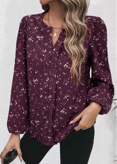 ROTITA Split Floral Print Dark Reddish Purple Long Sleeve Blouse