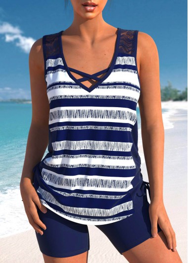 ROTITA Lace Navy Striped High Waisted Tankini Set