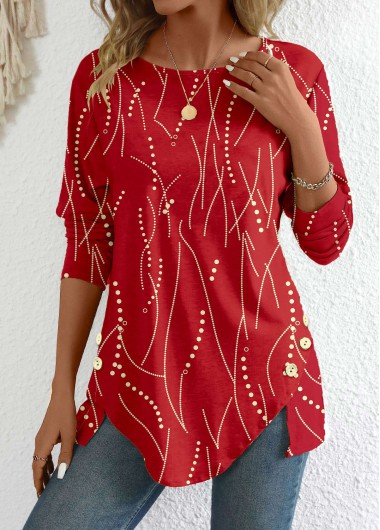 ROTITA Black Friday Button Geometric Print Red T Shirt