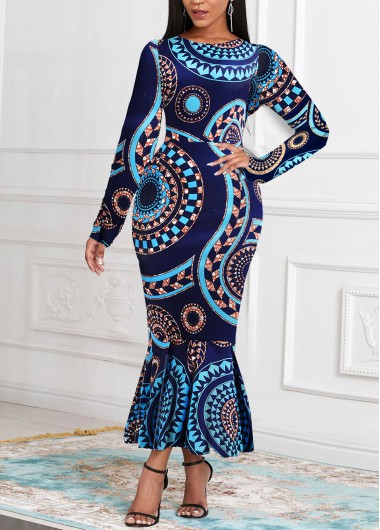ROTITA Mermaid Tribal Print Navy Round Neck Bodycon Dress