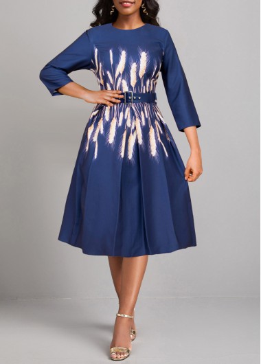 ROTITA Umbrella Hem Floral Print Navy Round Neck Dress