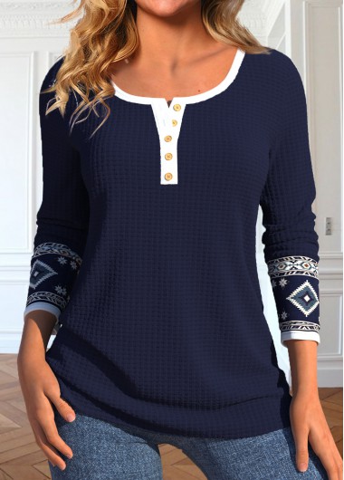 ROTITA Button Tribal Print Navy Round Neck T Shirt