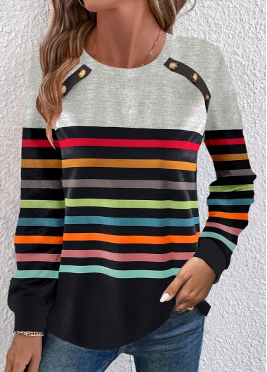 ROTITA Button Multi Stripe Print Round Neck T Shirt