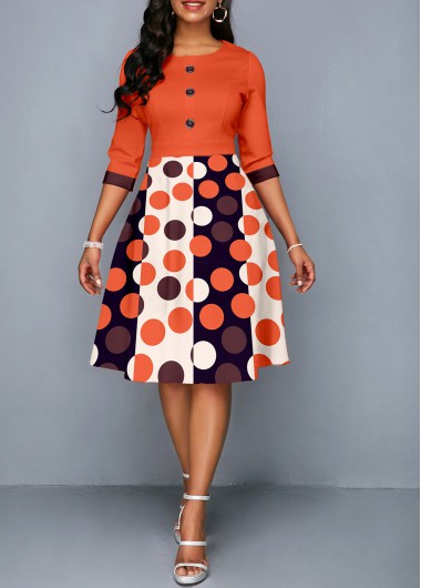 ROTITA Button Geometric Print Orange Round Neck Dress