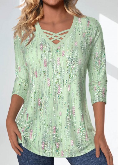 ROTITA Criss Cross Geometric Printed Non-sequined Light Green T Shirt