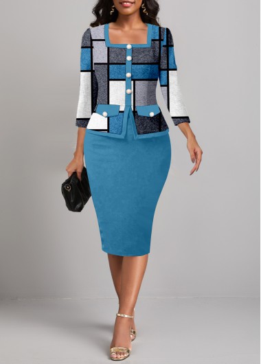 ROTITA Button Geometric Print Peacock Blue Square Neck Bodycon Dress