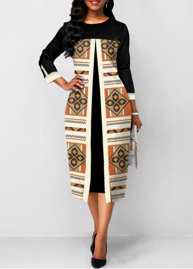 ROTITA Fake 2in1 Tribal Print Black A Line Dress