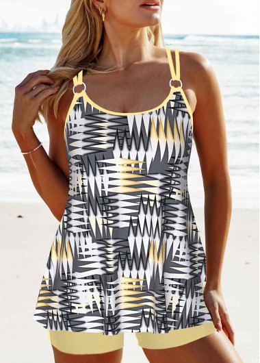 ROTITA Patchwork Light Yellow Geometric Print Mid Waisted Tankini Set