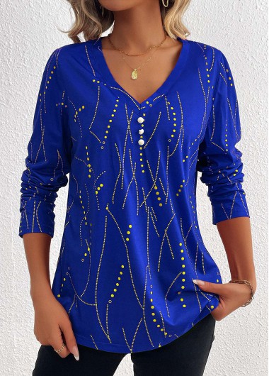 ROTITA Button Geometric Print Dark Blue V Neck T Shirt