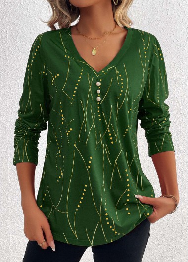 ROTITA Button Geometric Print Green V Neck T Shirt