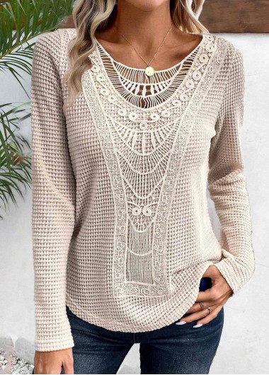 ROTITA Lace Beige Round Neck Long Sleeve T Shirt
