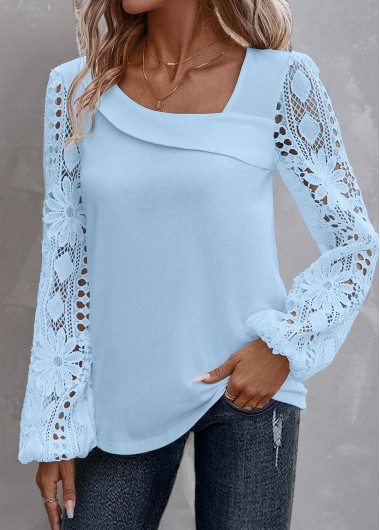 ROTITA Lace Light Blue Asymmetrical Neck Long Sleeve Blouse