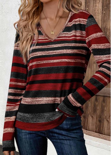 ROTITA Patchwork Multi Stripe Print V Neck T Shirt
