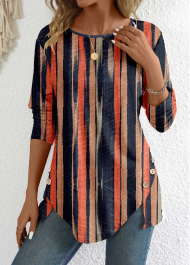 ROTITA Button Multi Stripe Print Round Neck T Shirt