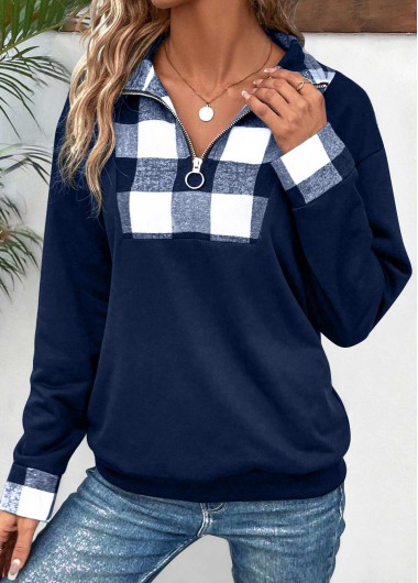 ROTITA Patchwork Plaid Navy Turn Down Collar Long Sleeve Sweatshirt