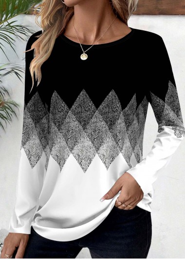 ROTITA Patchwork Geometric Print Black Boat Neck T Shirt