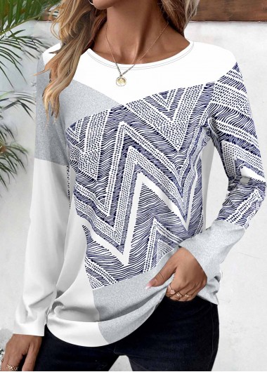 ROTITA Patchwork Geometric Print White Boat Neck T Shirt