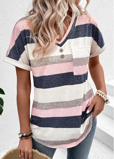 ROTITA Pocket Striped Multi Color V Neck T Shirt