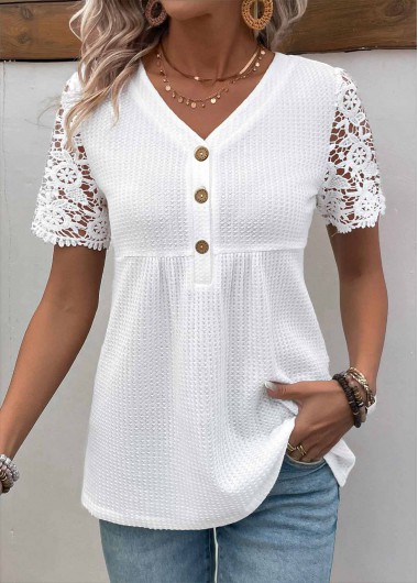 ROTITA Patchwork White V Neck Short Sleeve Shirt