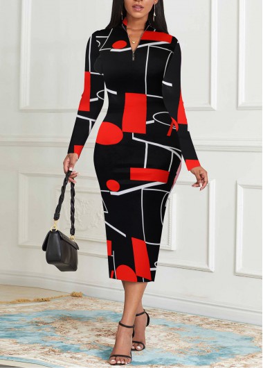 ROTITA Patchwork Graffiti Print Black Stand Collar Dress