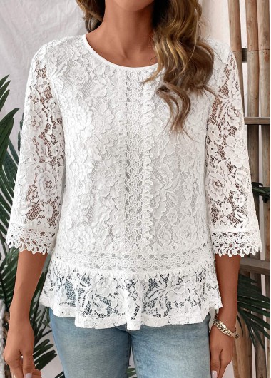 ROTITA Patchwork White Round Neck 3/4 Sleeve T Shirt
