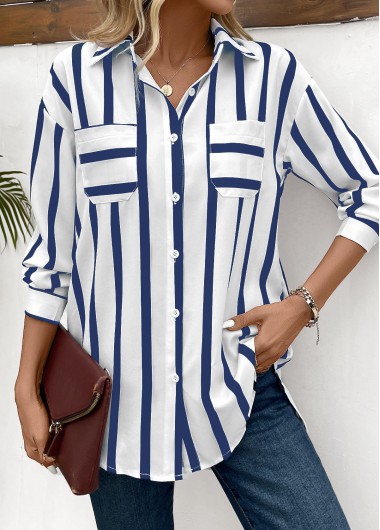 Pocket Striped Blue Shirt Collar Long Sleeve Blouse