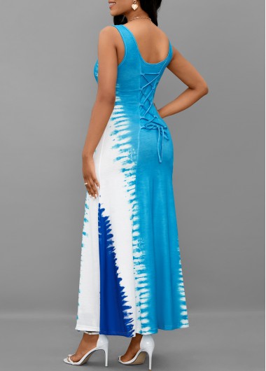 ROTITA Lace Up Tie Dye Print Light Blue Maxi Dress