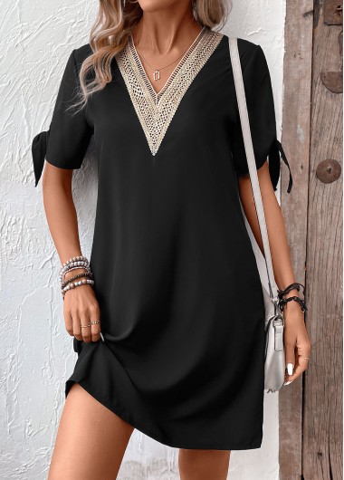 Patchwork Black Short V Neck Shift Dress