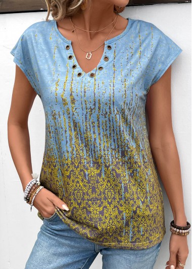 ROTITA Eyelet Graffiti Print Blue Split Neck T Shirt