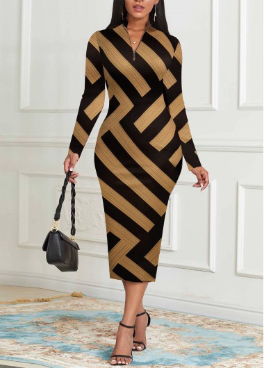 ROTITA Patchwork Striped Black Stand Collar Long Sleeve Bodycon Dress