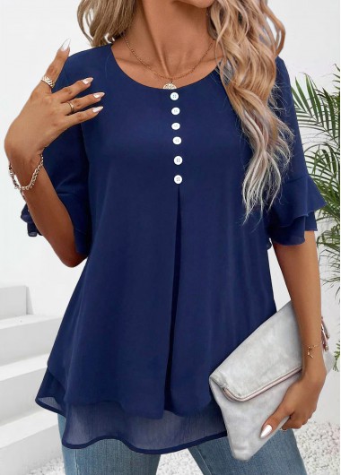 ROTITA Layered Navy Round Neck Short Sleeve Shirt