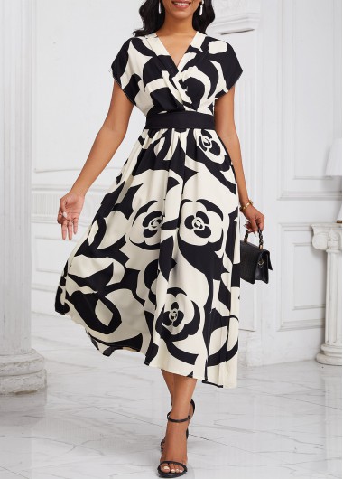 ROTITA Smocked Random Floral Print Black V Neck Dress