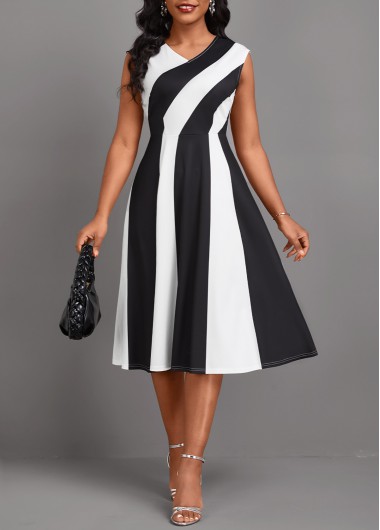 ROTITA Patchwork Black V Neck Sleeveless Dress