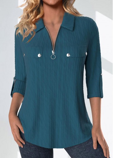 ROTITA Button Peacock Blue Shirt Collar Blouse