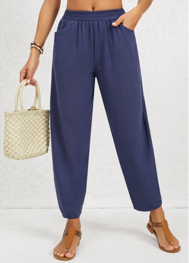 Pocket Regular Elastic Waist Mid Waisted Navy Pants