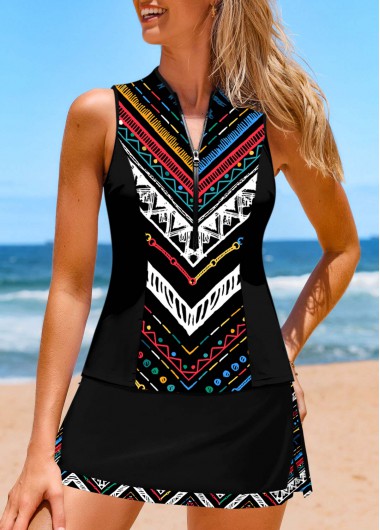 ROTITA Contrast Binding Black Geometric Print Tankini Set