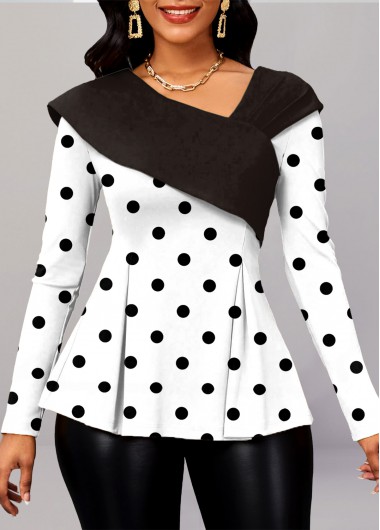 ROTITA Asymmetry Polka Dot White Asymmetrical Neck Long Sleeve Blouse