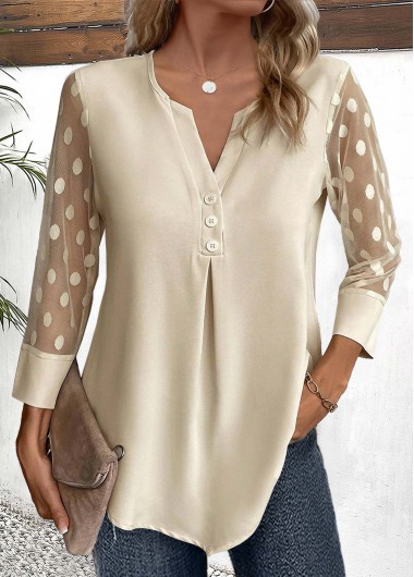 ROTITA Button Light Camel Split Neck Blouse