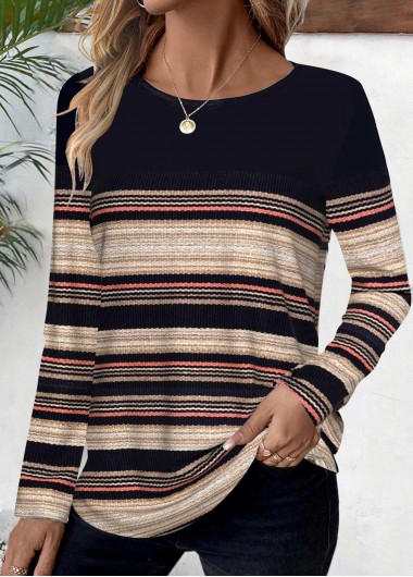 ROTITA Striped Black Round Neck Long Sleeve T Shirt