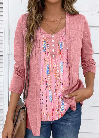 ROTITA Fake 2in1 Pink V Neck Long Sleeve Blouse