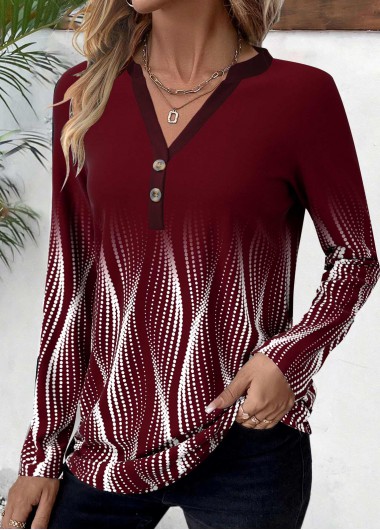 ROTITA Button Ombre Deep Red Split Neck T Shirt