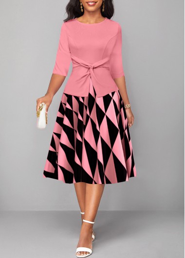 ROTITA Twist Geometric Print Black Round Neck Dress
