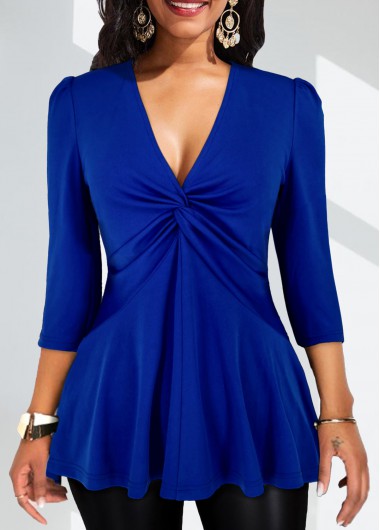 ROTITA Twist Royal Blue V Neck Blouse