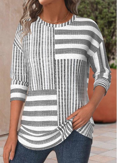 ROTITA Striped Light Grey Marl Round Neck T Shirt