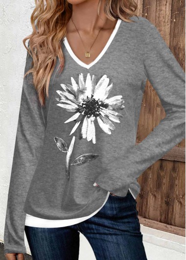 ROTITA Patchwork Floral Print Grey V Neck T Shirt