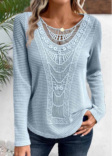 ROTITA Lace Dusty Blue Round Neck Long Sleeve T Shirt