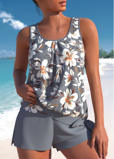 ROTITA Bowknot Grey Floral Print Tankini Set