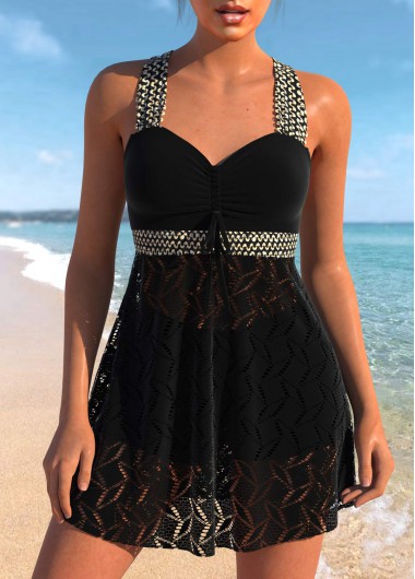 ROTITA Lace Criss Cross Design Black Swimdress Top