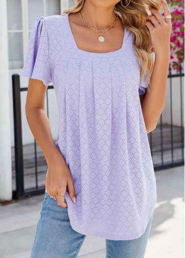 Hole Light Purple Square Neck Short Sleeve T Shirt