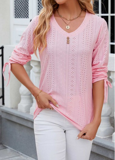 Button Pink V Neck Long Sleeve T Shirt